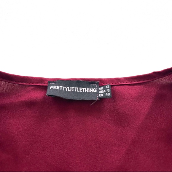 PrettyLittleThing Burgundy Satin Wrap Mini Dress Long Sleeve Size 8 - Picture 12 of 15